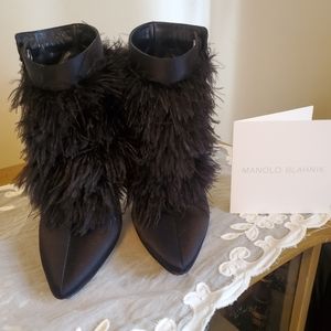 Manolo Blahnik Ostrich Feather Satin Booties